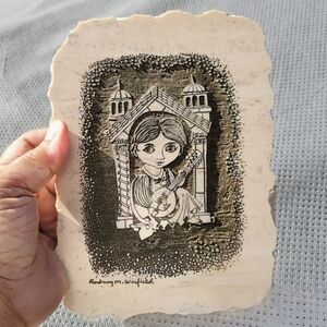 RODNEY WINFIELD Stone Etching Carving Travertine Tile Paperweight 4" Girl w Lute